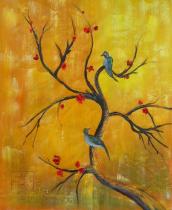 Stromy - Větev s ptáky, obrazy ručně malované
