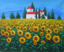 Slunečnice - Slunečnicové pole s chalupou, obrazy ručně malované